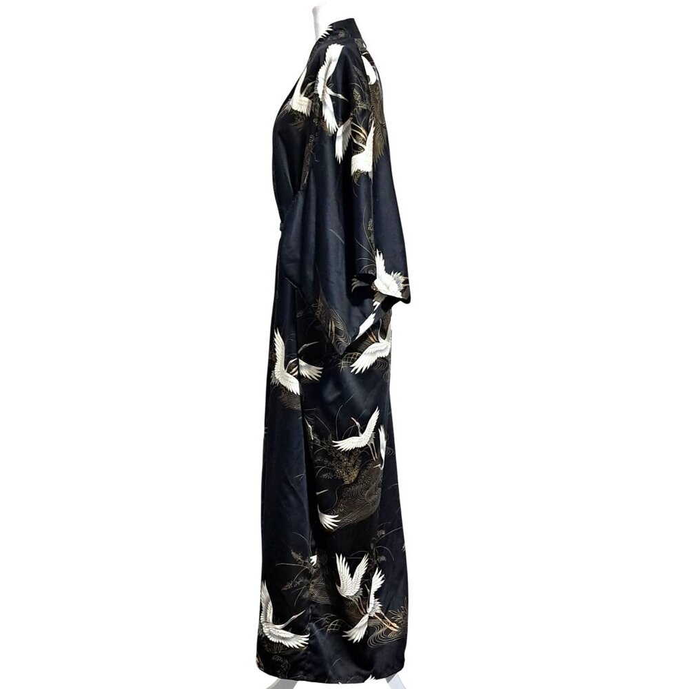 Vintage 70s Japanese Kimono Robe Black Satin Cranes Clouds Made in Japan Tag Rea - Picture 8 of 11